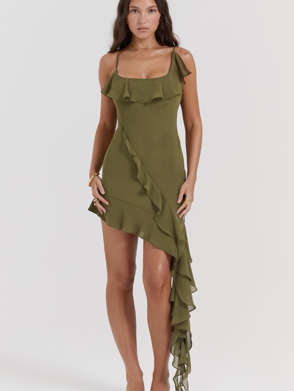 House of CB Olive Green Ruffle One-Shoulder Asymmetrical Dress